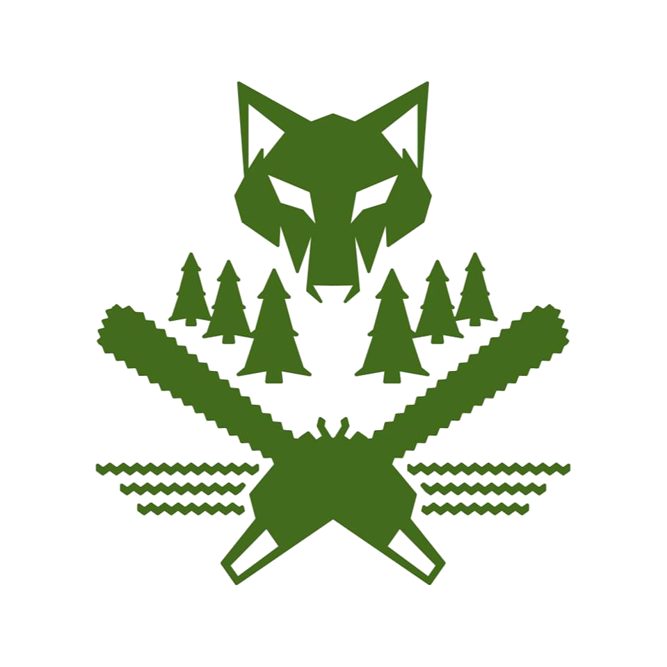 Logo med en ulv og to motorsave og træer